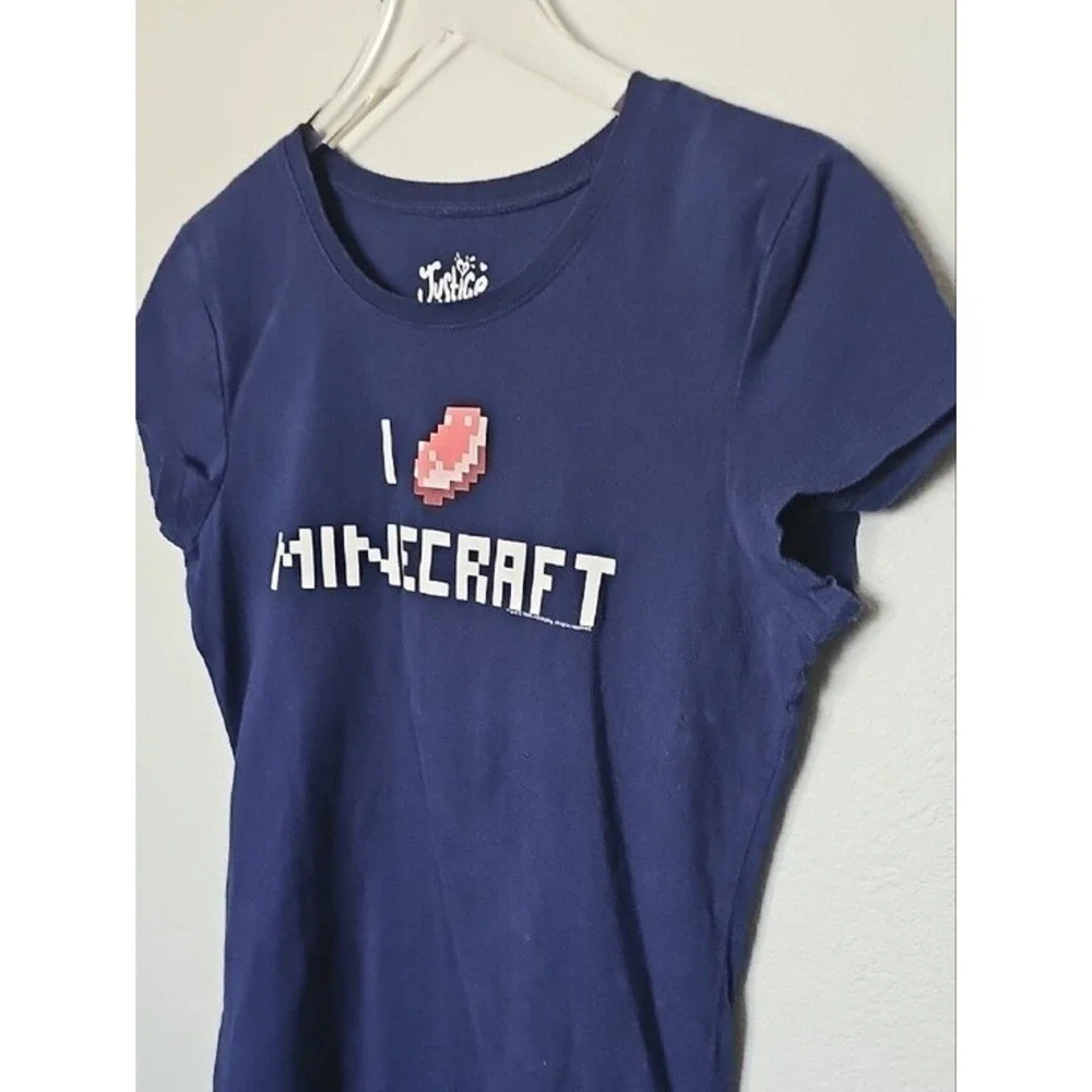 Justice Girls Minecraft Graphic T Shirt Navy Blue Pixel Art Steak Size 16 Gamer